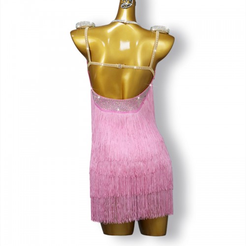 Pink Tassels competition latin dance dresses for Women girls children layer fringe salsa rumba latin dancing costumes for female